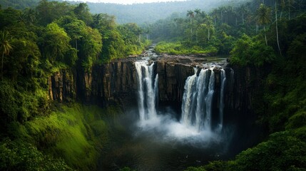 Lush Rainforest Waterfall Landscape With Palm Trees