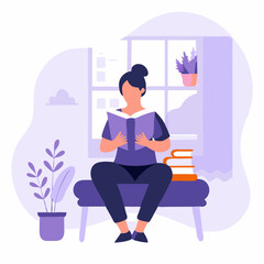 Young woman reading a book with a relaxed mood on a cozy sofa near a window and plants
