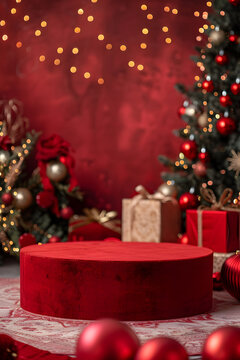 mockup red christmas podium and fir branches with red christmas balls with copy space