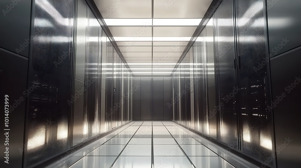 Poster a long, narrow corridor in a server room with rows of metal server racks on both sides, lit by brigh