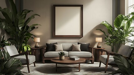 Warm and cozy living room design with a large gray sofa, two armchairs, wooden center table, lush indoor plants, and an empty frame above.