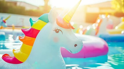 A vibrant unicorn pool float bobs gently in an outdoor pool under the bright sun. The colorful, inflatable unicorn suggests the theme of summer fun and relaxation, perfect for a pool party or
