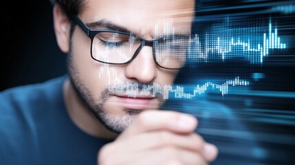 A businessman executive in deep thought, surrounded by floating digital interfaces showing real-time analytics and futuristic data projections,