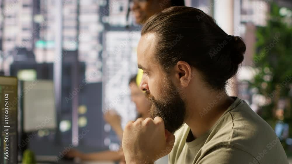 Poster pensive employee using computer to analyze datasets, focused on comparing datasets and checking acco