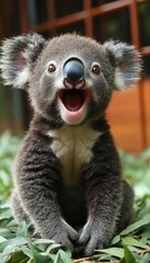 Fototapeta premium Happy koala sitting among greenery during the day, showcasing its playful expression and features