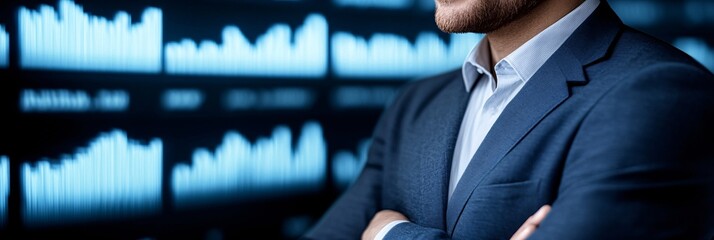 A businessman executive in deep thought, surrounded by floating digital interfaces showing real-time analytics and futuristic data projections,