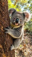Obraz premium A playful koala clings to the trunk of a tree in a vibrant Australian forest during the day
