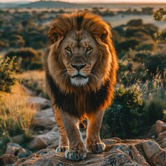 Fototapeta premium Lion perched on a rock at sunset, embodying strength and beauty in the savanna