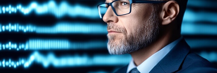 A businessman executive in deep thought, surrounded by floating digital interfaces showing real-time analytics and futuristic data projections,