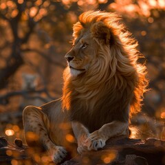 Majestic lion basking in the sunset glow on a tranquil savanna landscape