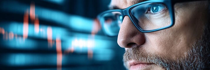 A businessman executive in deep thought, surrounded by floating digital interfaces showing real-time analytics and futuristic data projections,