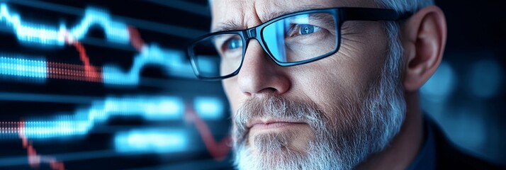 A businessman executive in deep thought, surrounded by floating digital interfaces showing real-time analytics and futuristic data projections,