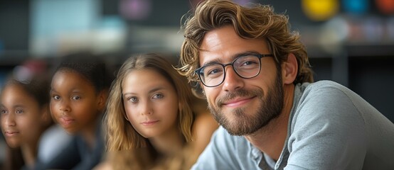 Fototapeta premium A smiling man with glasses stands in front of a group of attentive students, fostering an engaging learning environment. 