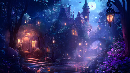 Fantasy village at night with glowing lanterns and river
