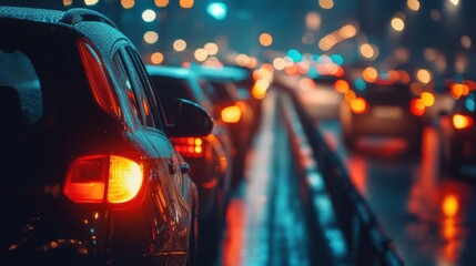 Nighttime city traffic with glowing car lights in rainy weather