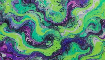 Fototapeta premium A vibrant marbled paper artwork in neon greens and purples, with fast, chaotic swirls that create a sense of electric motion, Generative AI