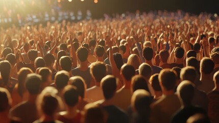 Obraz premium Energetic concert crowd with raised hands under vibrant lights