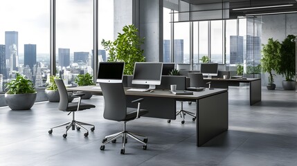 Top view of a modern office interior with a work table and PC computer near a panoramic window, highlighting an organized and productive workspace with ample natural light