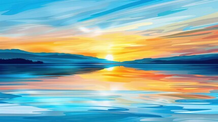 Obraz premium A vibrant sunset over a calm lake, reflecting colorful skies and mountains, evoking peace and tranquility.