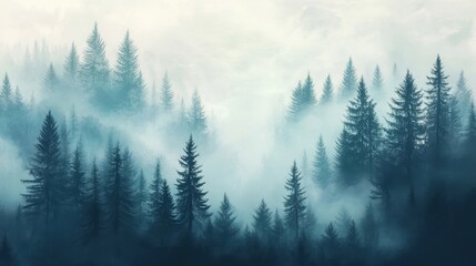 Mysterious foggy forest landscape with majestic pine trees