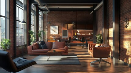 Fototapeta premium Modern industrial loft living space with leather furniture and exposed brick walls