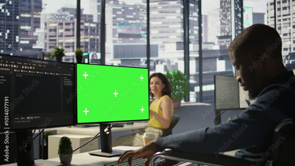 Poster man with disability in inclusive workplace working with machine learning tech on green screen comput