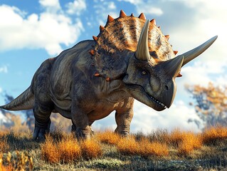 Fototapeta premium Majestic triceratops roaming in prehistoric landscape with vibrant blue sky, capturing the essence of ancient wildlife and natural history.