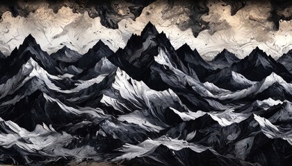A bold marbled paper design in jet black and silver, with sharp, aggressive patterns that resemble the jagged edges of mountain peaks, Generative AI