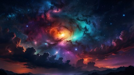 Fototapeta premium Colorful night sky with vivid hues, featuring bright starlight breaking through dark clouds, creating a captivating abstract illustration art piece with a dreamy, celestial ambiance