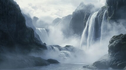 Majestic waterfall cascading through misty mountain landscape in serene natural setting