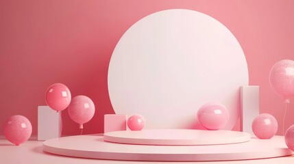 A minimalist pink stage setup with geometric shapes and balloons, ideal for events or photography.