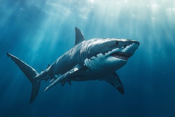Majestic great white shark swimming gracefully under sunlit waters, showcasing its strength and beauty in the ocean's depths.