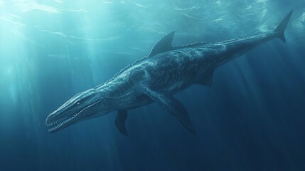 Fototapeta premium Majestic prehistoric marine predator swimming gracefully in the deep ocean, illustrating ancient aquatic life and evolutionary history.