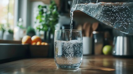 Clear crystal water pouring from a glass pitcher into a glass on a kitchen table.