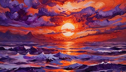 A striking marbled paper artwork in fiery oranges and deep purples, capturing the explosive beauty of a sunset over a serene ocean, Generative AI