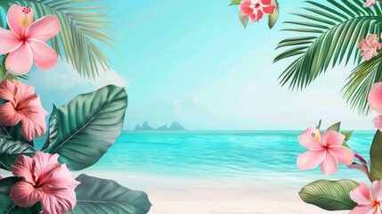 A serene beach scene with tropical flowers and palm leaves, evoking relaxation and natural beauty.
