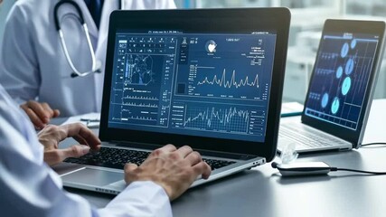 A medical professional analyzes health data on a laptop, displaying graphs and patient information in a clinical setting.