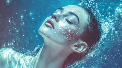 Fototapeta premium young woman with blue eyes and fair skin, wearing light makeup, looking straight ahead in a snowy mountain landscape. The sky is a turquoise color