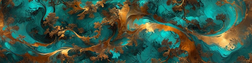 Dark teal and shimmering bronze swirl together, reflecting the mystery of magical forests shrouded in mist, Generative AI