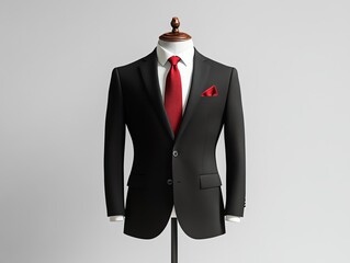 Elegant black suit with red tie and pocket square displayed on a mannequin against a neutral background, ideal for business attire concepts.