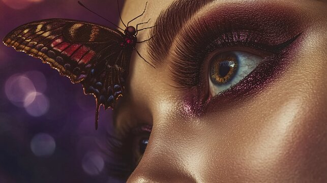 the model's eye adorned with intricate butterfly-themed eyeliner. Her lashes are long and fluttery, resembling butterfly wings. 