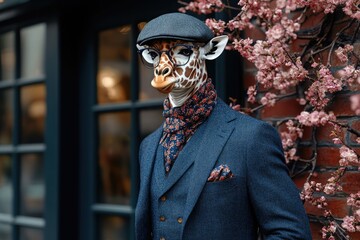 Stylishly dressed giraffe in tailored suit and glasses stands near blooming cherry blossom trees
