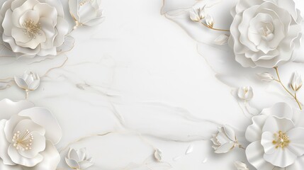 A serene background featuring elegant white flowers on a marble surface, ideal for invitations or decor.