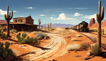 Painting of a town in the American West with a train going through