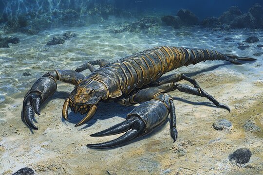 Illustration of a prehistoric sea scorpion on the ocean floor, showcasing its detailed anatomy and ancient underwater habitat.