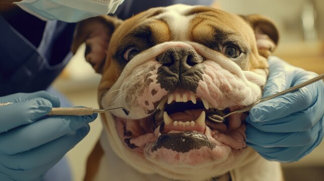 English bulldog having its teeth examined by a veterinarian using dental tools during a check up at the veterinary clinic