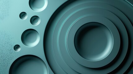 A close-up view of circular shapes and textures in a teal color palette, creating a modern and abstract design.