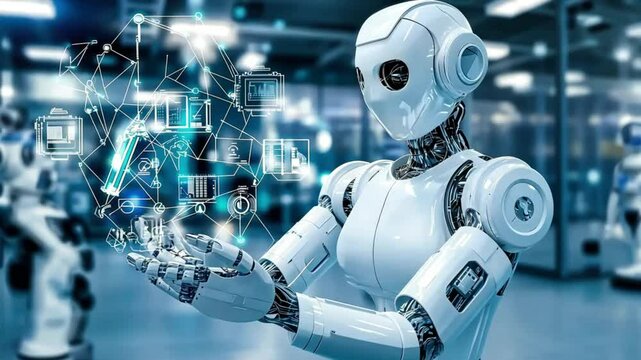 A futuristic humanoid robot stands in a sleek, modern environment, showcasing advanced technology and design.