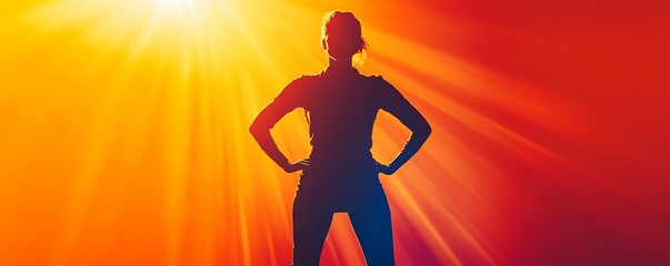 Silhouette of confident person standing with hands on hips against a vibrant sunset background, symbolizing power and determination.