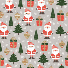 Seamless Christmas pattern with Santa Claus, trees, snow and gifts. Christmas and New Year background for packaging, fabric.